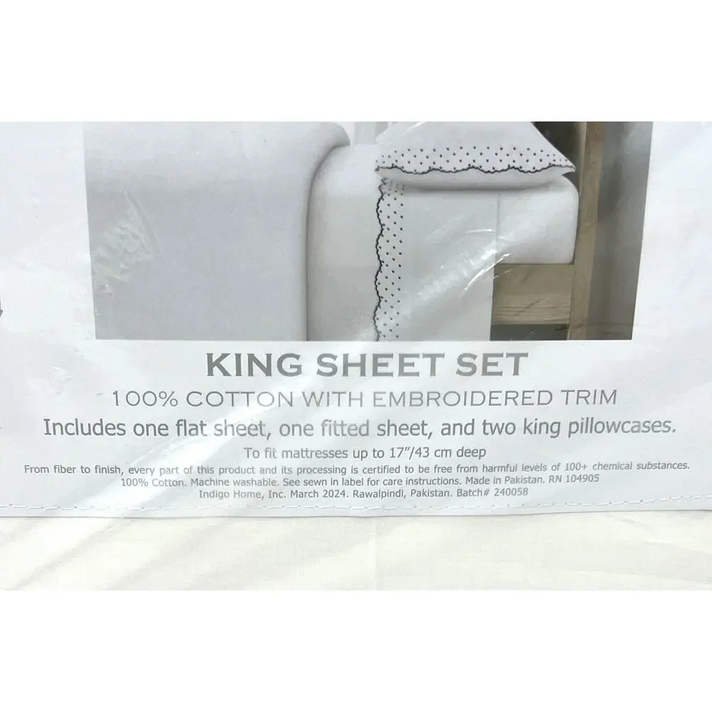 Shabby Chic Embroidered King Sheet Set Scallop Dot Navy Blue White 100% Cotton